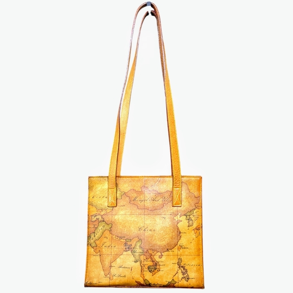 Alviero Martini | Prima Classe Tan Coated Canvas Geography Small Shoulder Bag - Picture 1 of 8